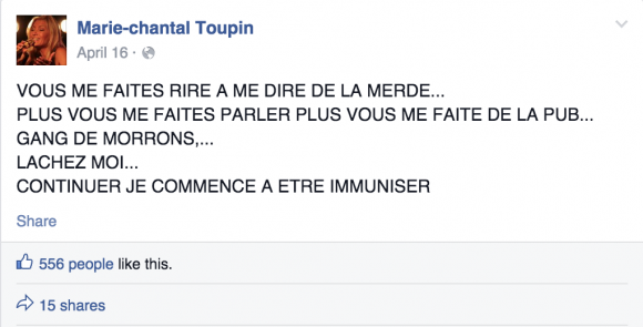 Marie Chantal Toupin répond à ses détracteurs sur Facebook